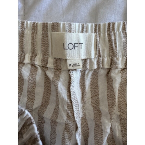 Loft Drawstring Pull On Shorts  Striped Linen Blend Beige White Women's Medium - Picture 7 of 10